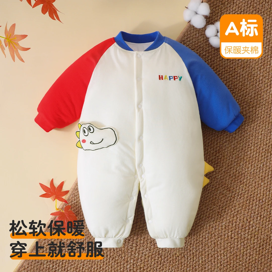 冬季男童女童新款婴幼儿爬服宝宝夹棉长袖连体衣加厚夹棉保暖哈衣