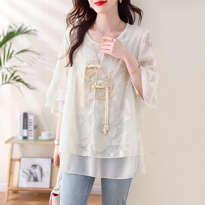 国风短袖恤女夏季新款欧货大码宽松遮肚子雪纺衫假两件上衣