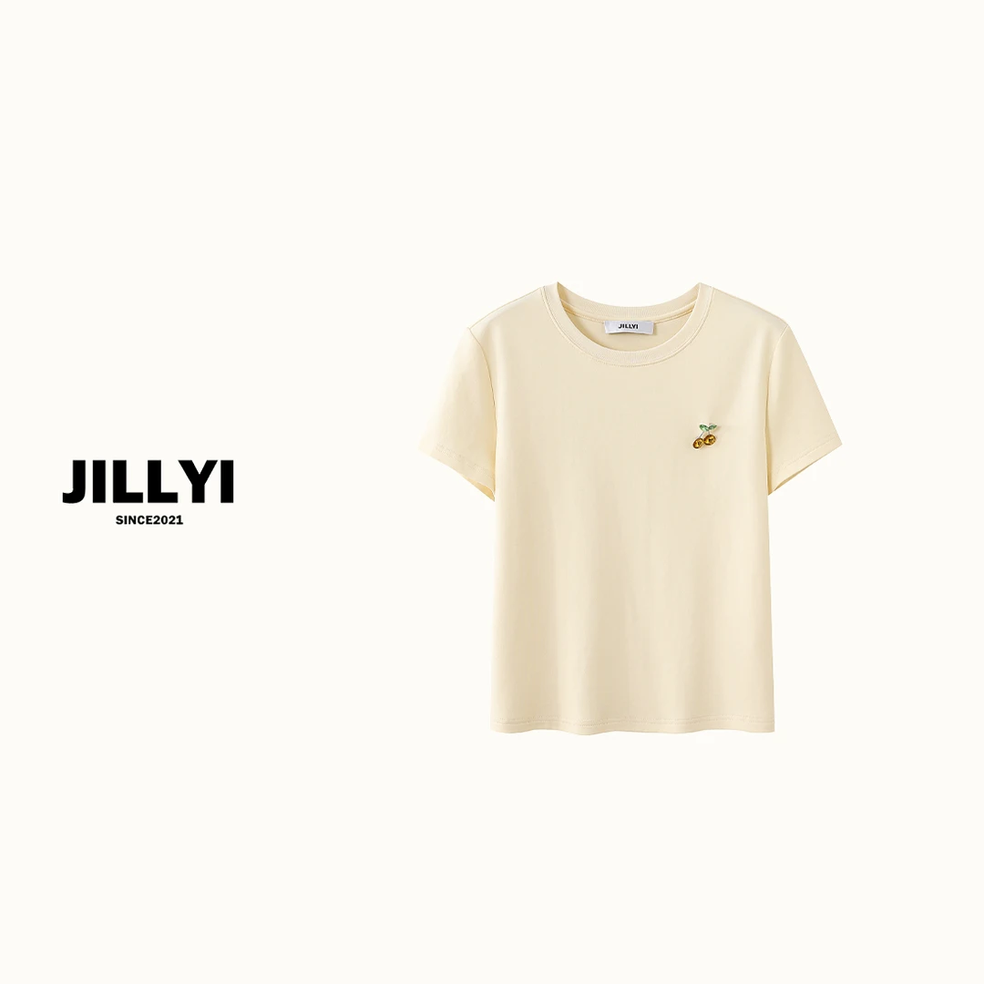 jillyi【小樱桃】简约风夏季休闲钻扣小樱桃的牛奶杏仁色短袖T恤