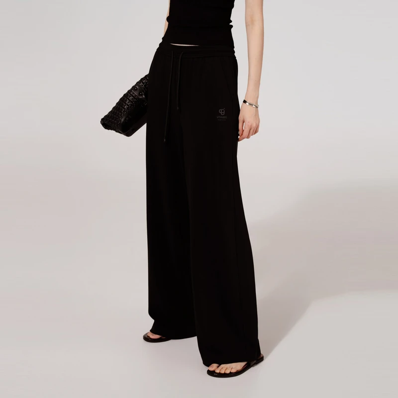 U/TI黑色松紧腰及地裤直筒裤女装简约廓形休闲裤