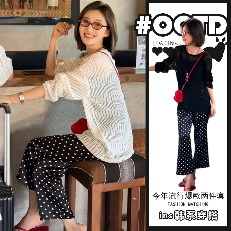 夏季穿搭两件套高级感设计舒适透气外穿上衣显瘦波点休闲长裤套装