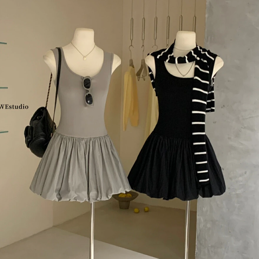 芭蕾少女花苞裙修身显瘦U领背心连衣裙女春游出行小个子短裙