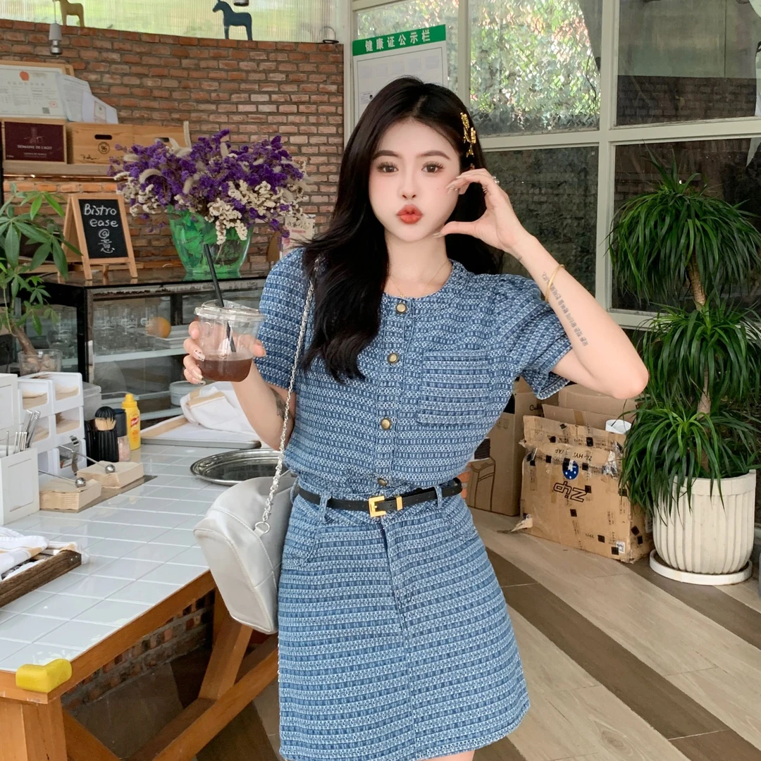 时尚牛仔上衣短裙两件2025夏季新款修身显瘦套装炸街时尚港风