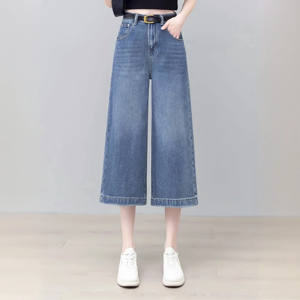 牛仔阔腿裤女夏季薄款2025新款高腰宽松小个子八分裤百搭七分中裤