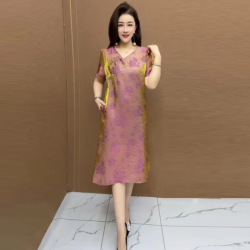 H夏季新款新中式国风妈妈真丝连衣裙大码遮肚显瘦薄款气质长裙