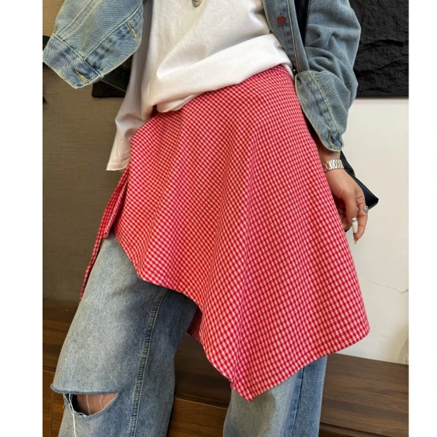 HY1987韩版潮流百搭格子遮腰胯围裙屁帘不规则半身裙设计感时尚