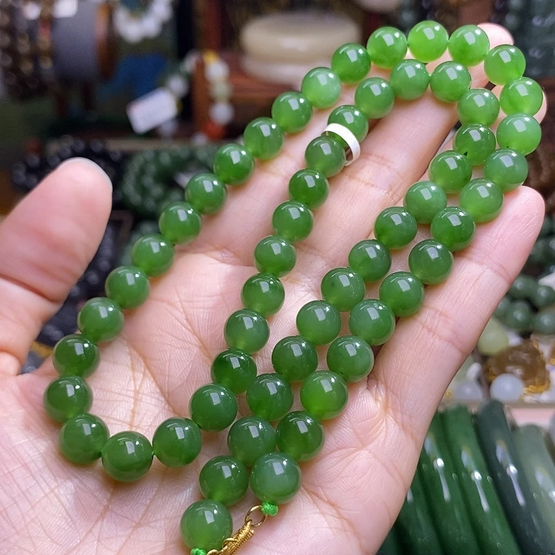 和田玉未镶嵌颈饰碧玉冰底阳绿项链约8MM18.K金