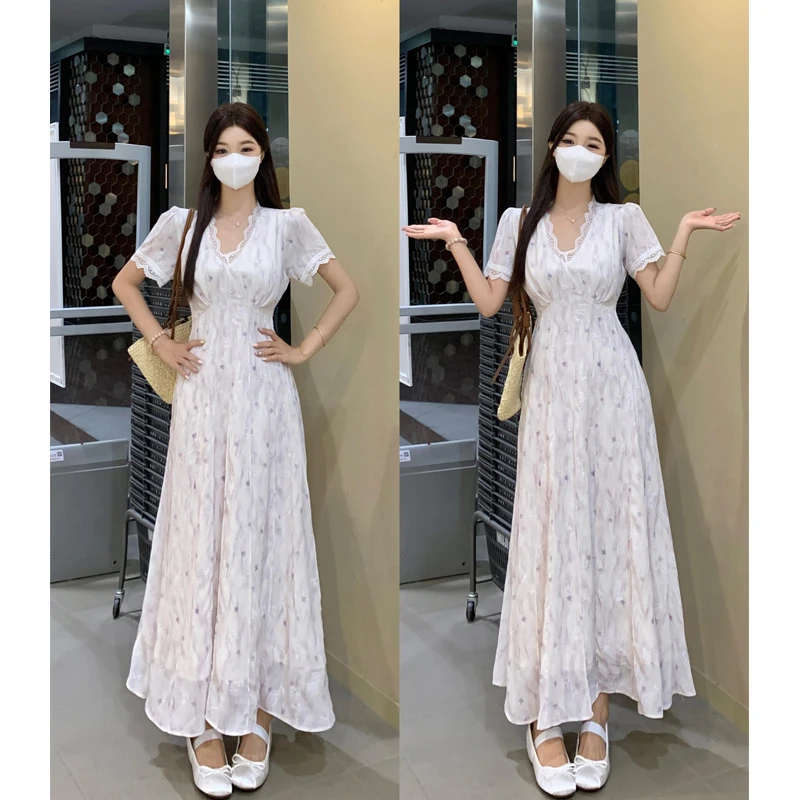 大码夏季新款蕾丝拼接法式初恋显瘦气质中长款连衣裙碎花温柔裙子