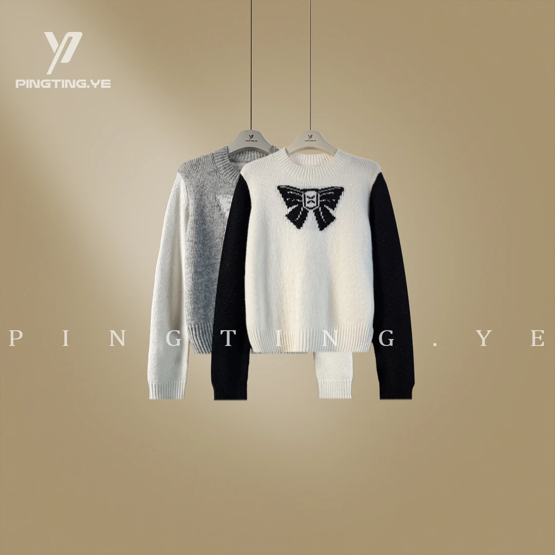 PINGTING.YE“羊驼羊毛”拼色蝴蝶结提花设计针织毛衣PT4413