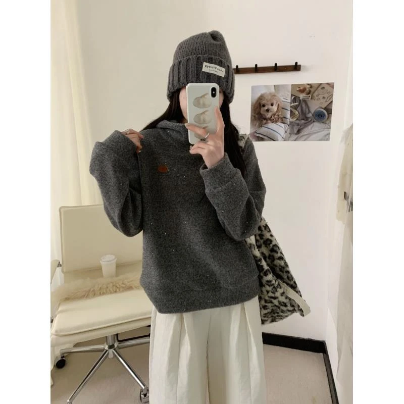 小慧 韩系满天星烫闪半高摁扣连帽卫衣KI21