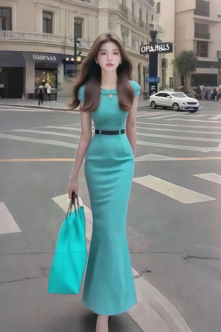 时尚新款小众轻奢高级湖蓝色修身圆领收腰包臀连衣裙显瘦气质长裙