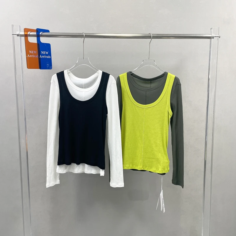 春季新款MORE有熊休闲百搭拼色背心两件套长袖T恤修身上衣女5206