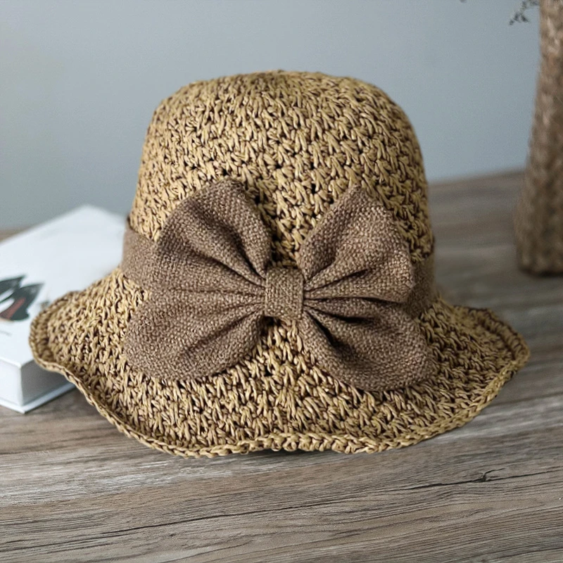 手工编织草帽遮阳帽可折叠夏季出游大檐休闲渔夫帽结帽子时尚百搭