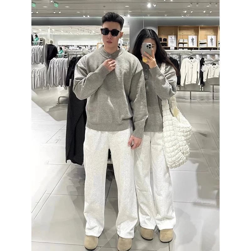 白灰色斜切弯刀卫裤男春秋重磅垂坠感情侣裤子宽松休闲直筒运动裤