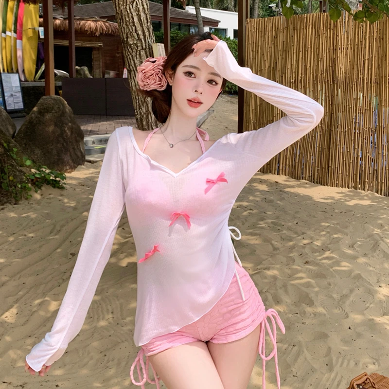 纯欲风甜美粉色泳衣女遮肉显瘦可爱平角裤夏季沙滩度假保守泳装