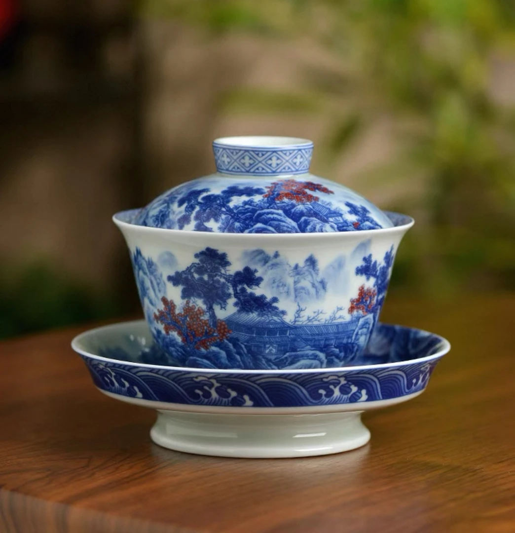 景德镇青花山水三才盖碗不烫手泡茶碗家用大容量陶瓷功夫茶杯单个
