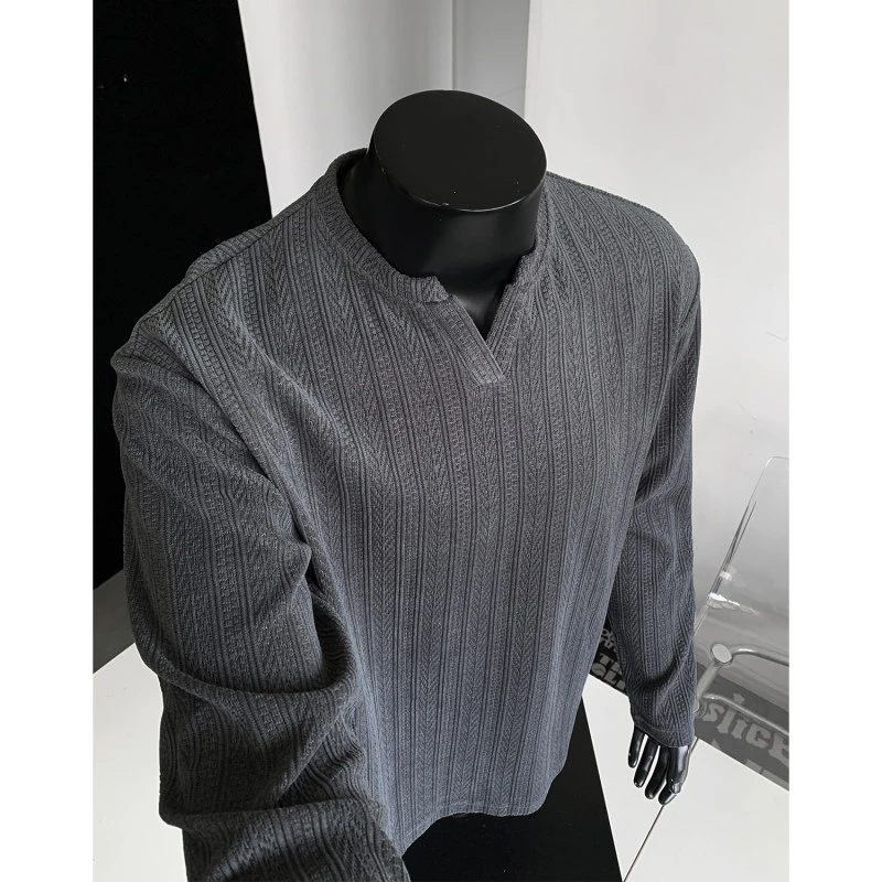 深灰色麦穗纹提花长袖t恤男秋季美式复古v领卫衣重磅内搭打底上衣