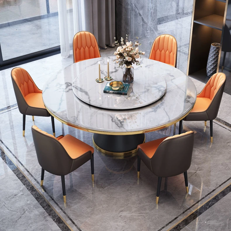 轻奢大理石餐桌椅组合酒店圆桌现代简约岩板小户型带转盘餐厅饭桌