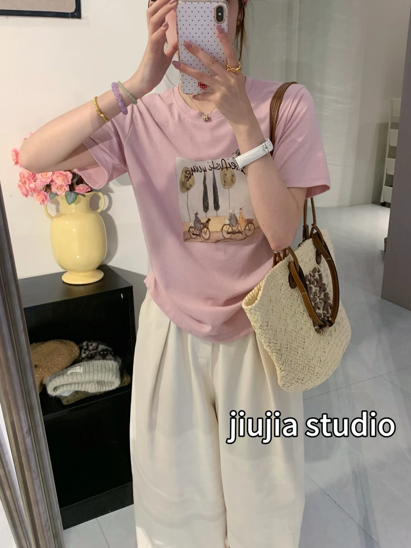 九佳 【慢生活】云感雪花肤感宽松单车印花T显瘦短袖T恤