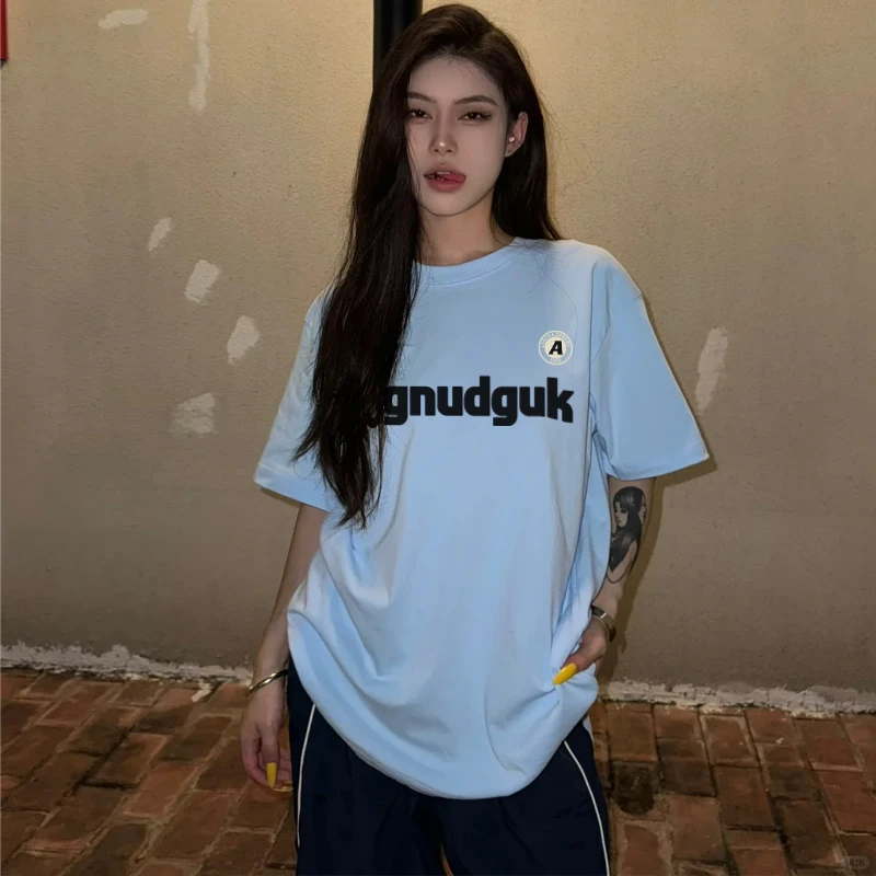 Labzaa美式潮牌简约风字母印花短袖t恤女天蓝色春款打底内搭上衣