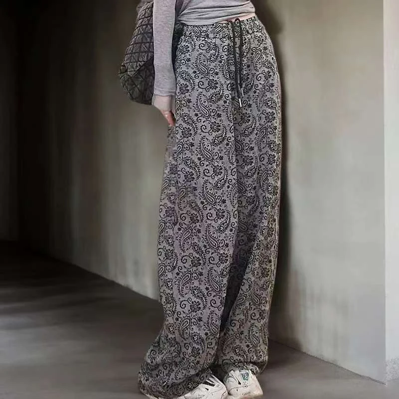 复古印花休闲裤女夏季新款松紧腰显瘦气质时髦洋气百搭直筒阔腿裤