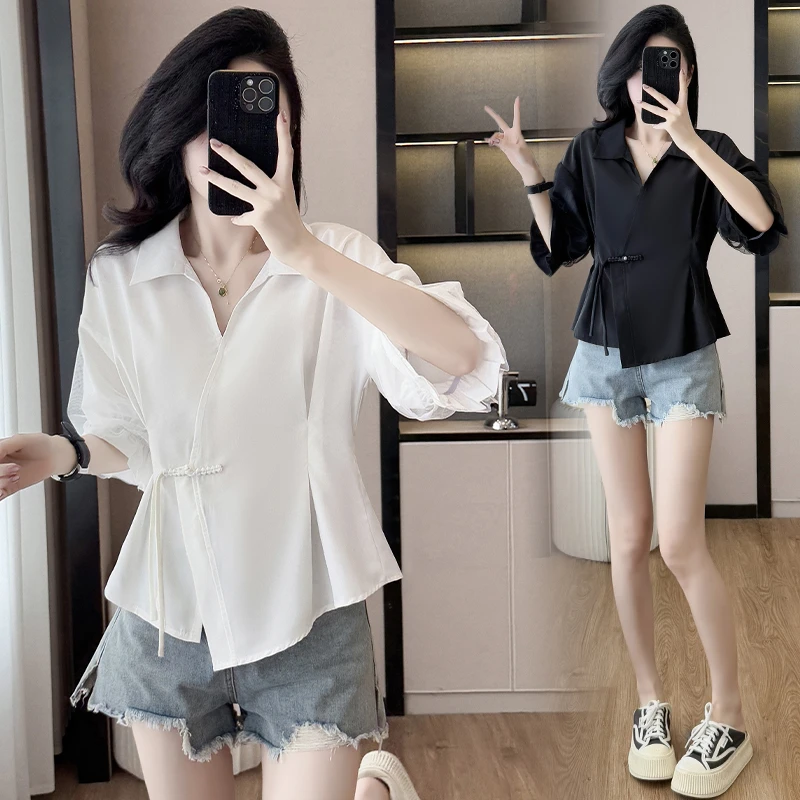 夏季新款胖mm显瘦衬衫大码女装轻奢高级感不对称韩版收腰短袖上衣