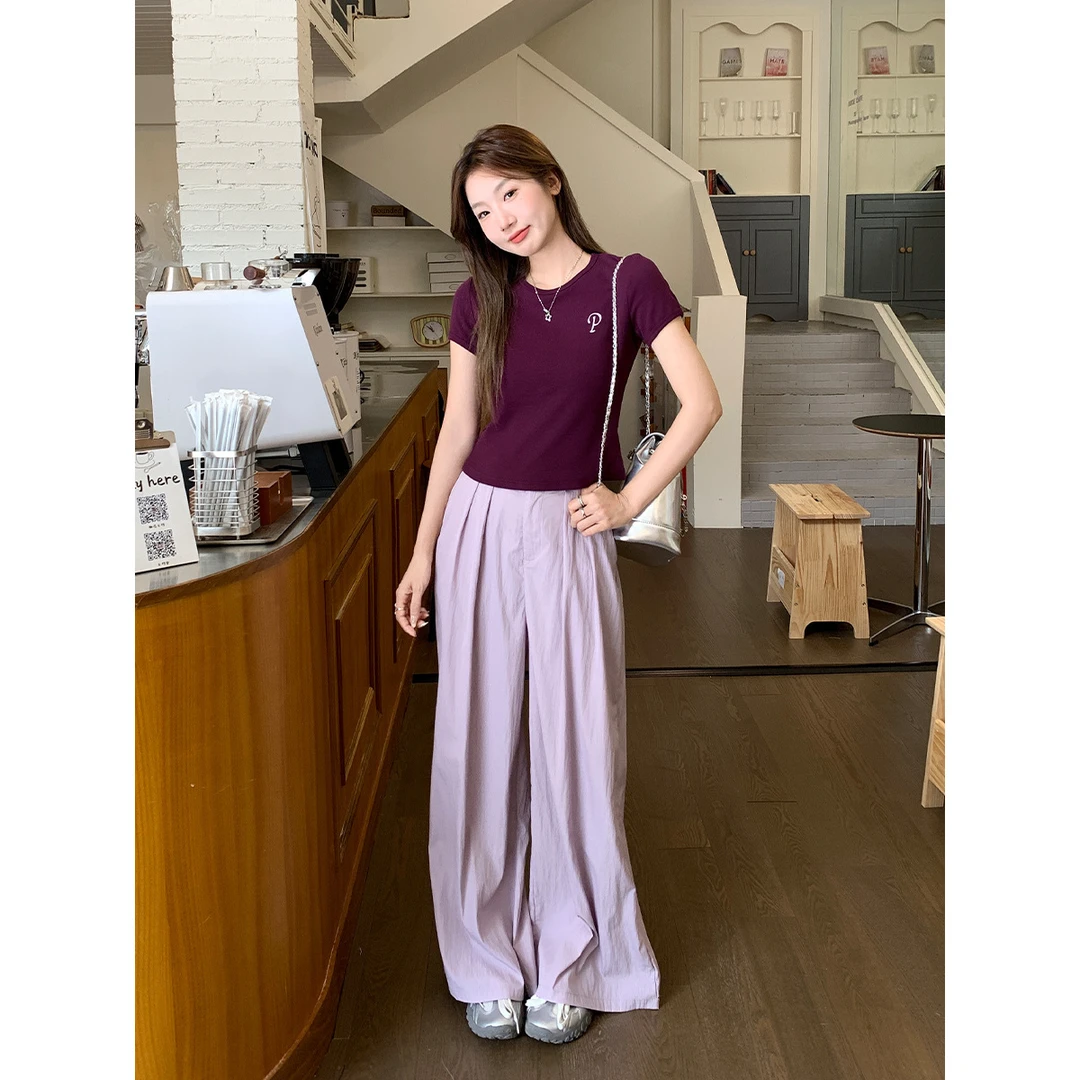 韩系时尚纯色显瘦拖地裤女2025年夏季新款通勤百搭慵懒工装裤男
