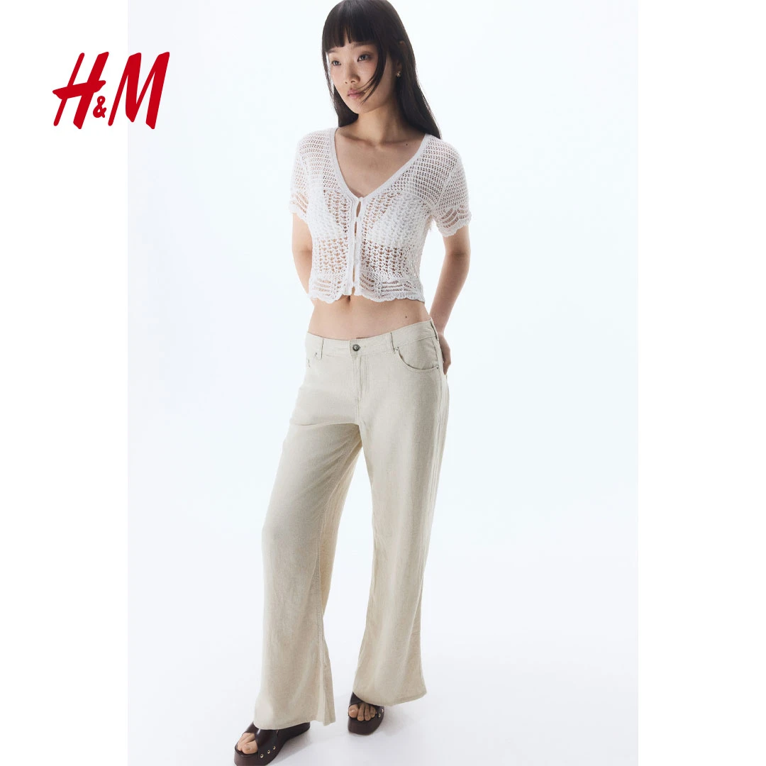 HM女装2025春季新品春游出行5袋式亚麻混纺休闲百搭阔腿裤1262014