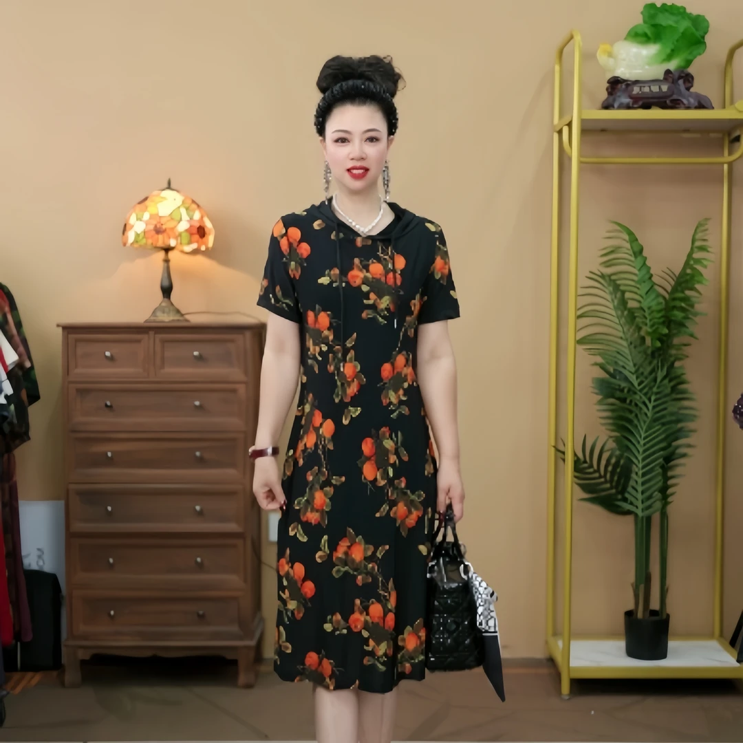 52285  休闲风连帽套头夏季连衣裙印花宽松中长款裙子