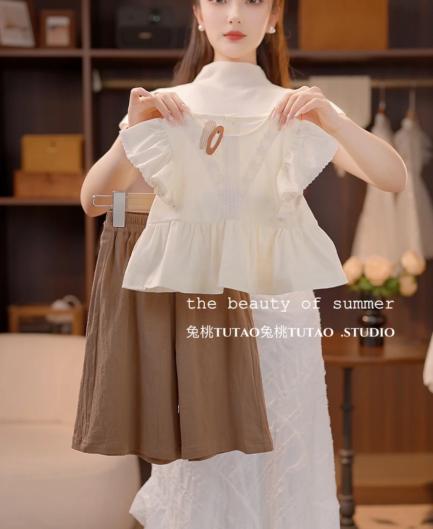 女童时髦小香风休闲夏装套装森系短袖款泡泡袖夏款时尚洋气