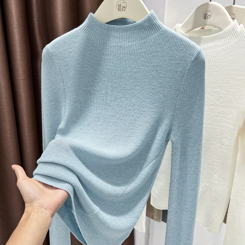 2025秋季爆款蓝色针织衫洋气上衣女气质半高领套头长袖修身打底衫