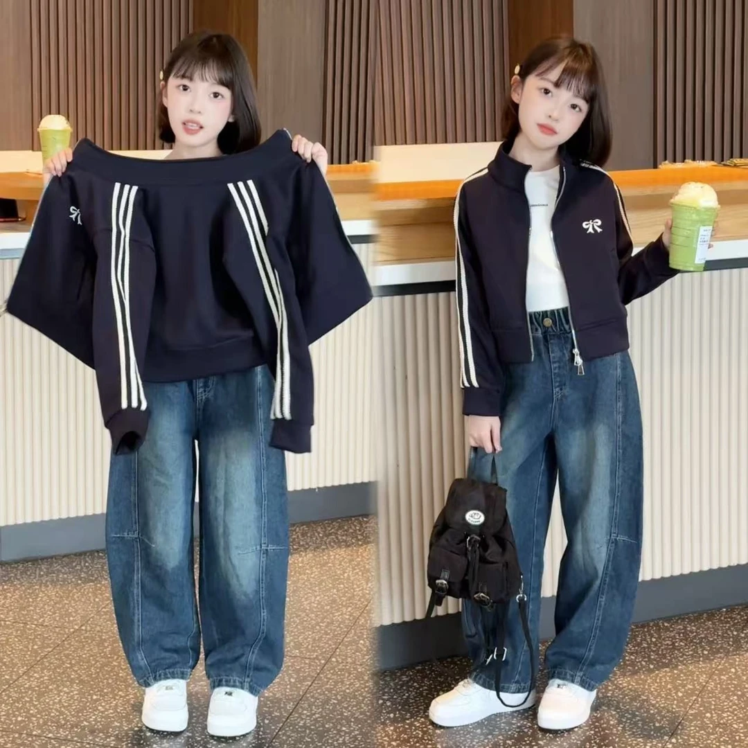 秋款女童立领长袖三条杠短外套春秋款中大童巨好看的开衫夹克上衣