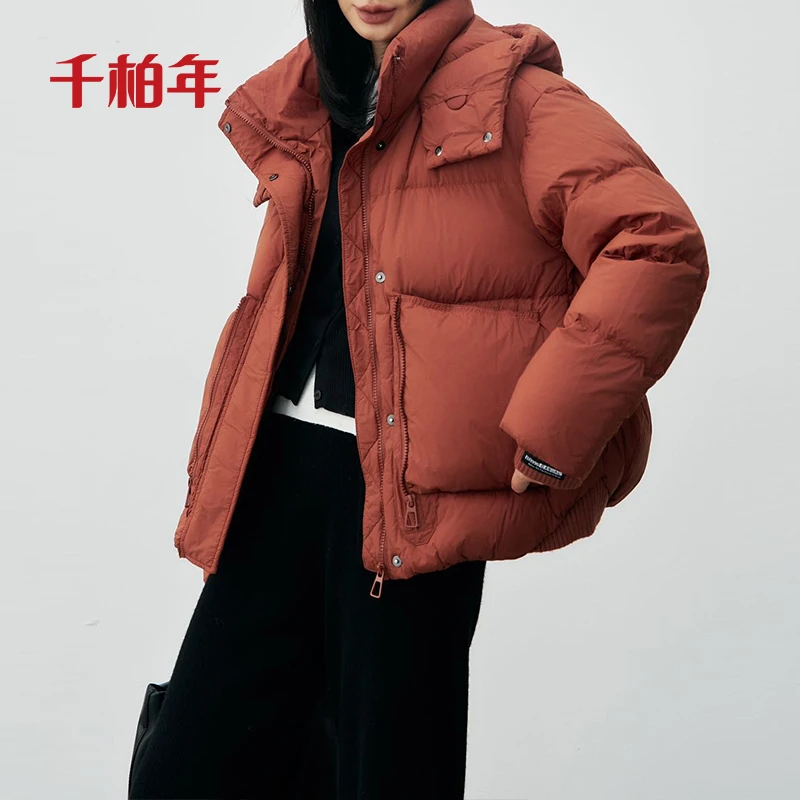 千柏年【小暖雪】90白鸭绒加厚连帽短款羽绒服-C1449