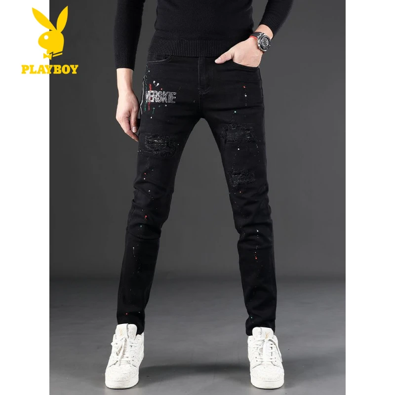 花花公子欧洲站轻奢烫钻牛仔裤男黑色破洞补丁泼墨痞帅修身小脚裤