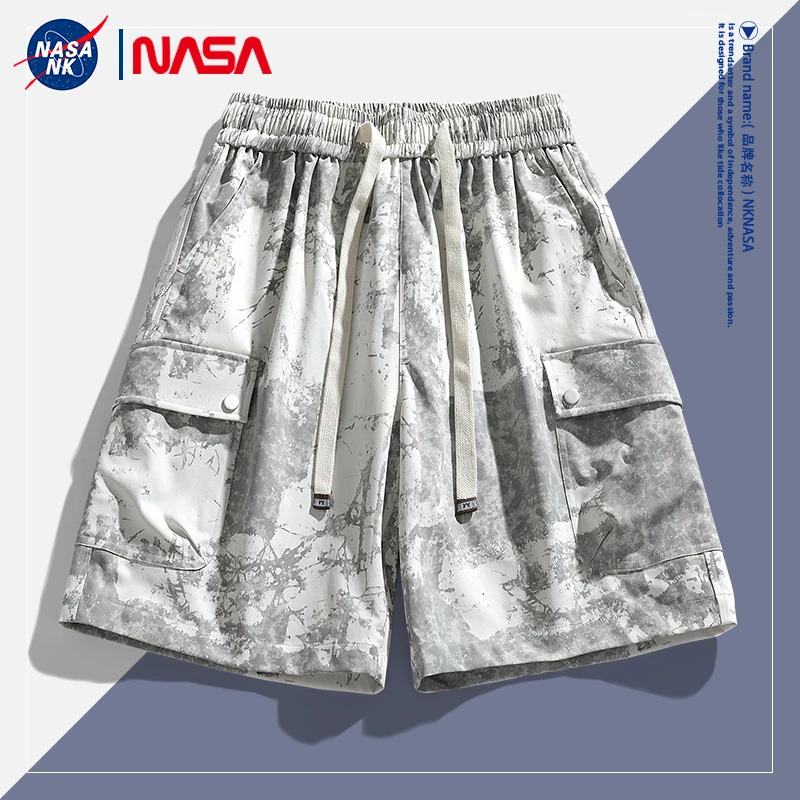 NASA联名美式扎染工装短裤男夏季潮牌阔腿直筒运动五分裤子半截裤