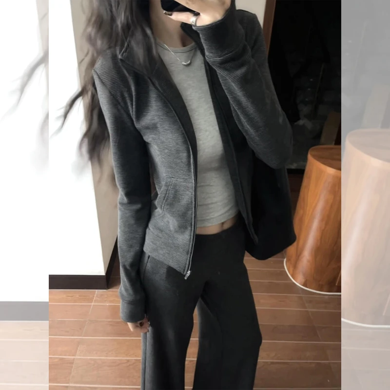 婳娇修身运动休闲套装女2025秋款拉链立领外套裤子条纹时尚一整套