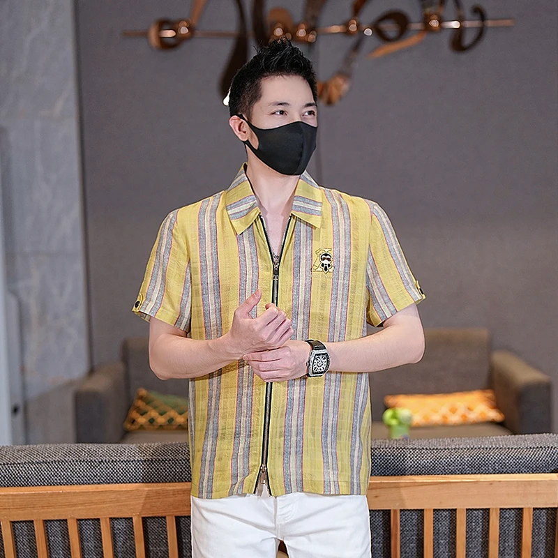 2025夏季新款男士休闲时尚定制双拉链修身帅气薄款翻领短袖衬衫