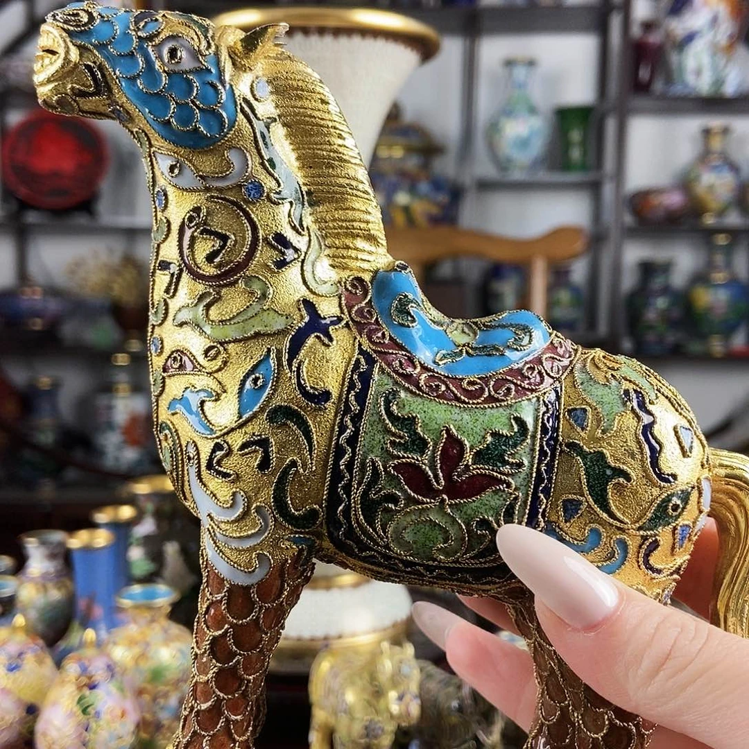 燕***铜景泰蓝花丝金地唐马