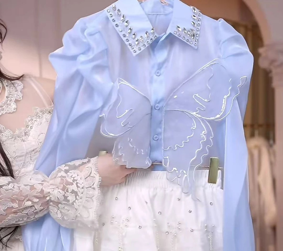 艾日秀春季法式轻奢感欧若风休闲百搭翻领蝴蝶宽松衬衫上衣E9361