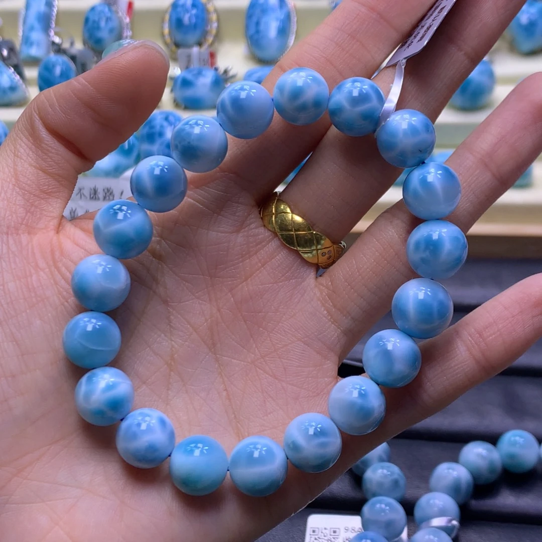 针钠钙石（海纹石）未镶嵌手链艳蓝11mm手串