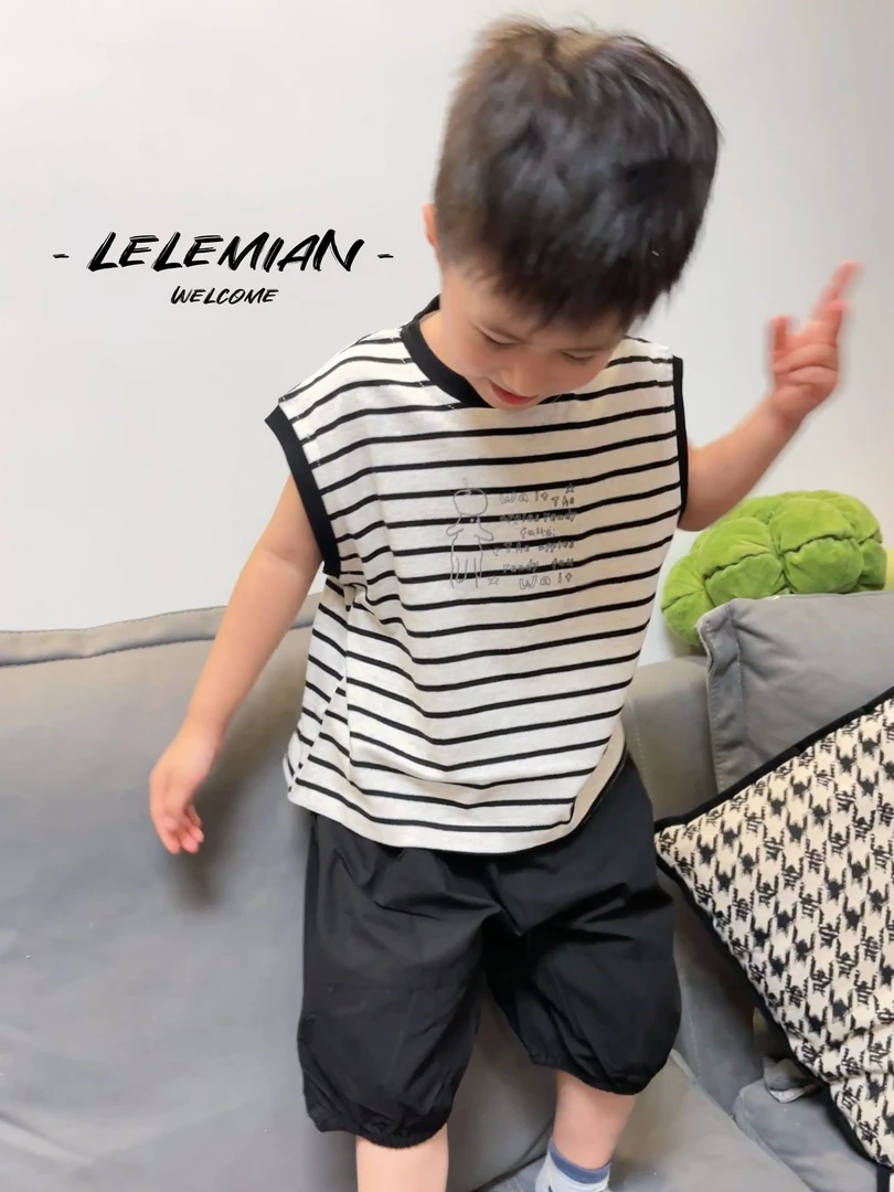夏季新款条纹韩版薄款男童套头字母坎肩套装黑白男宝印花洋气