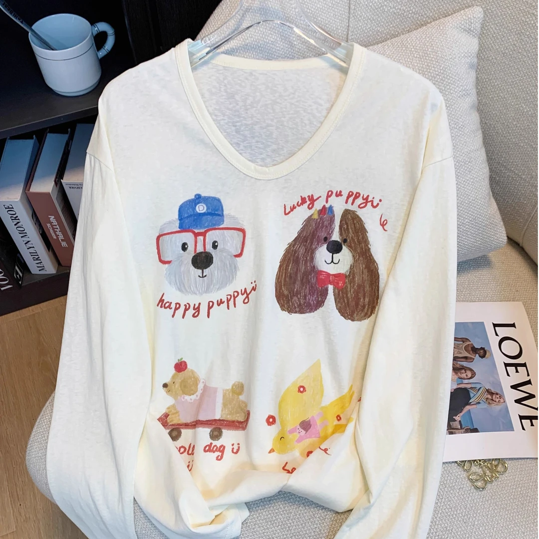 （运补6-8圆）日系卡通印花T恤女2025新款慵懒风宽松休闲上衣