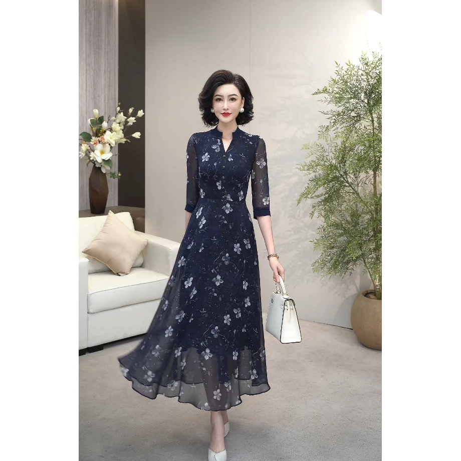 2025夏季新品高奢定制藏蓝色手绘印花烫银天丝乔其纱连衣裙WF3285