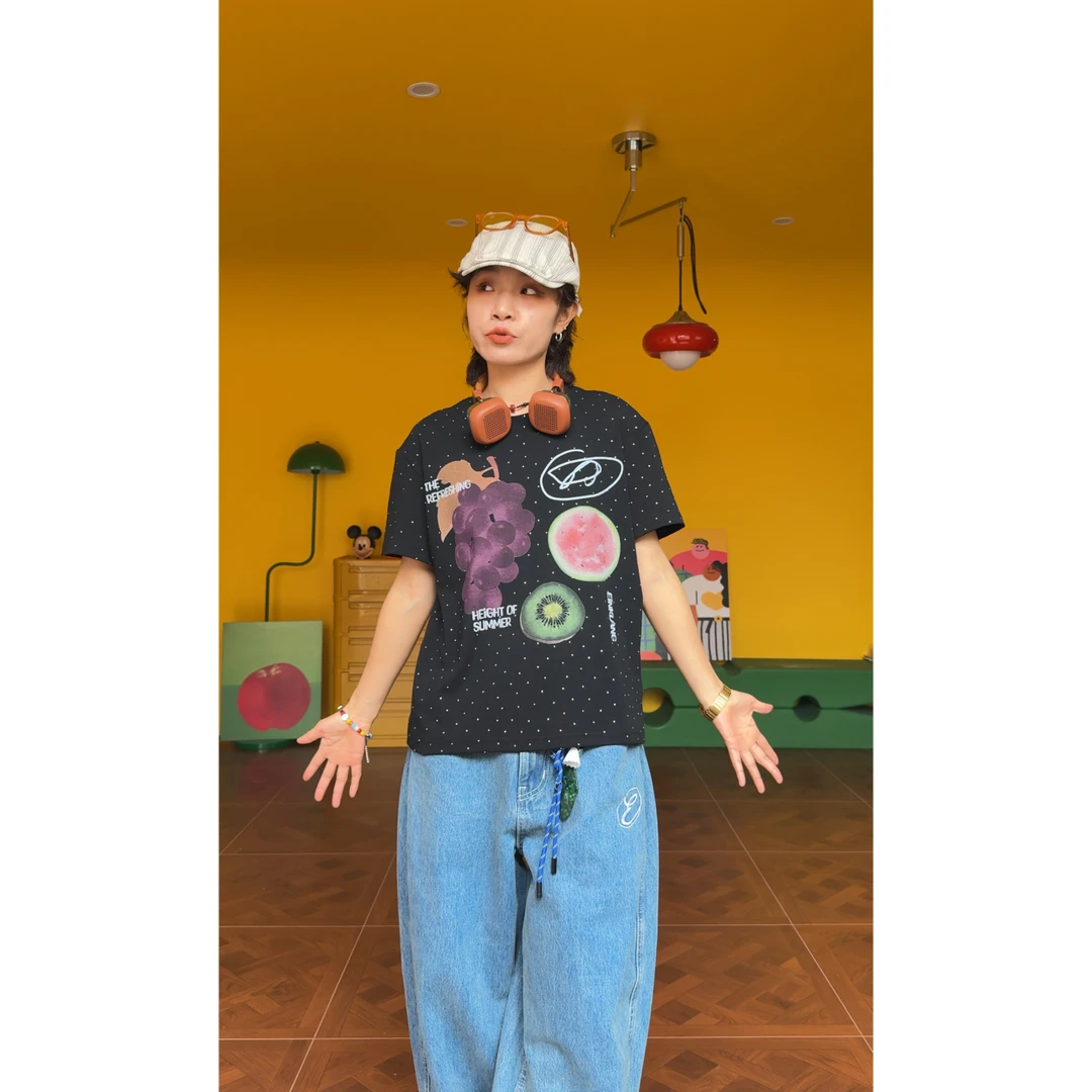 夏末断码福利（丁达尔果盘）油画风美式复古小众原创撞色小领口T恤