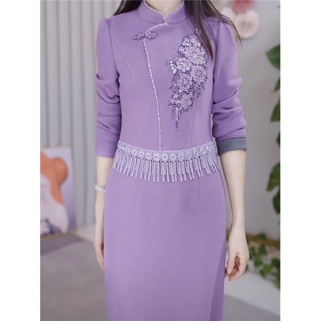 加绒加厚麦尔绒连衣裙女春季2025新款精致唯美超仙时尚假两件裙子