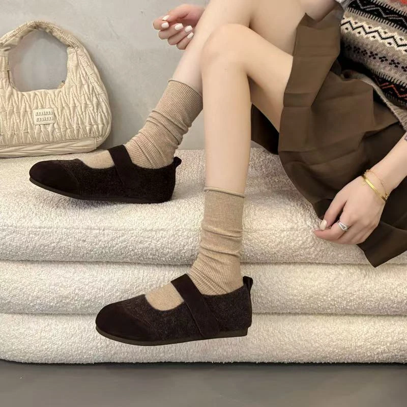 文艺复古拼接圆头毛毡魔术贴软平底玛丽珍女鞋3915