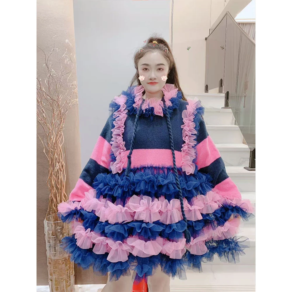 秋冬甜美风厚款韩式压花潮牌女装网红拼接云朵网纱连衣裙蓬蓬裙
