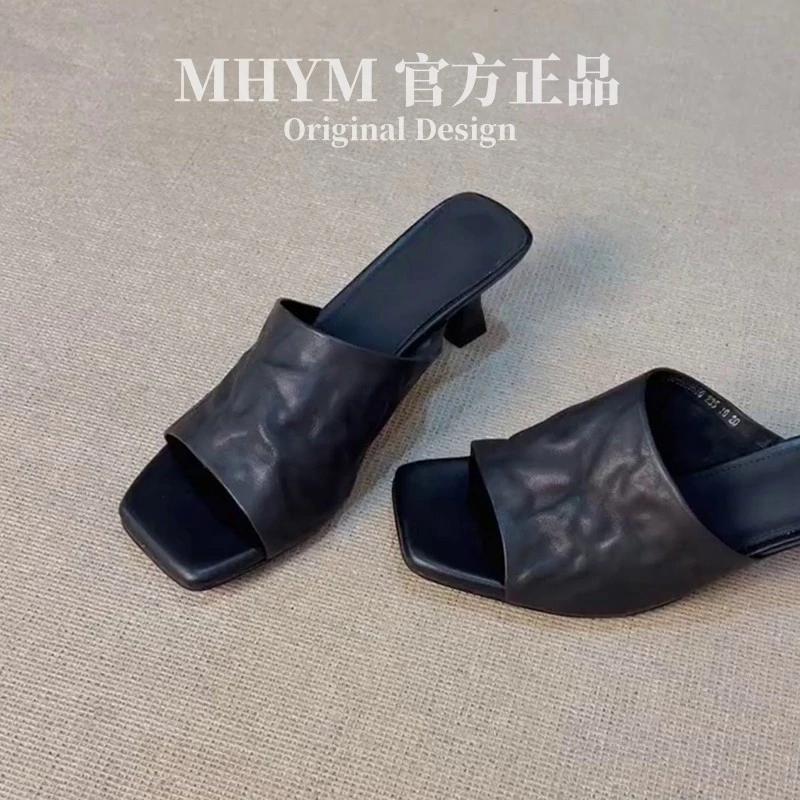 MH官方韩版气质方头褶皱设计不易撞款百搭时尚外穿显腿瘦一字拖