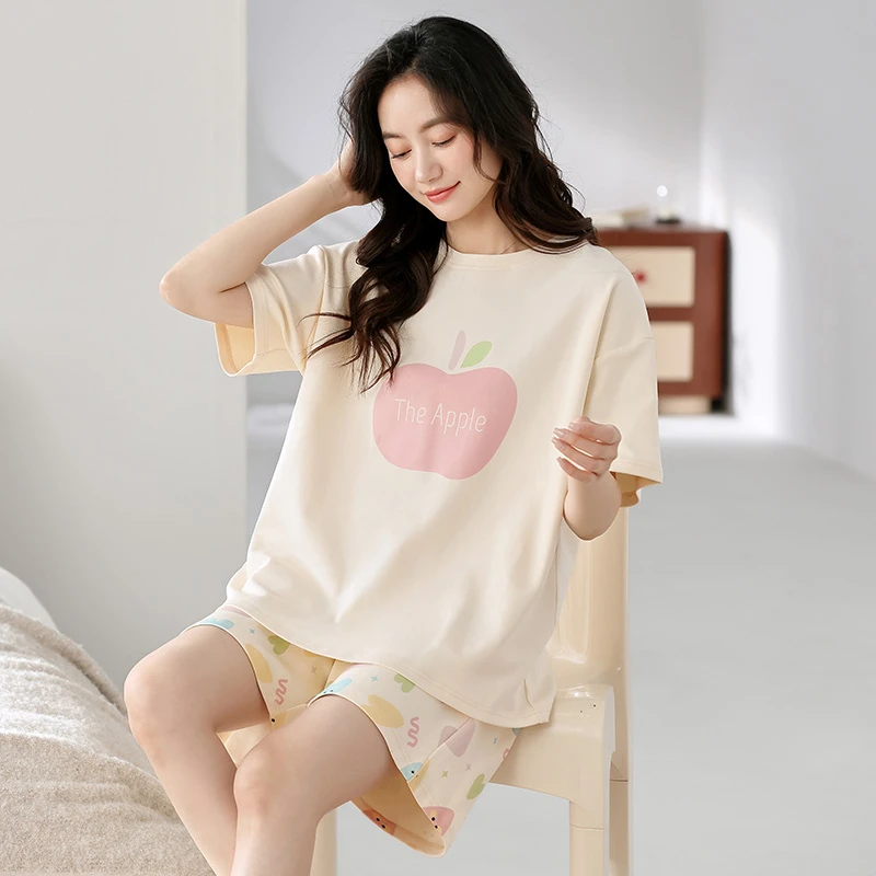 俞兆林睡衣女夏季纯棉短袖可爱苹果学生卡通两件套夏款全棉家居服