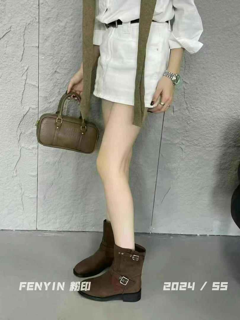 韩系复古绒面牛仔短靴女粗跟英伦风骑士靴